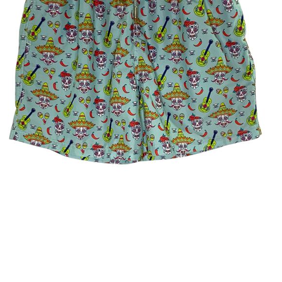 Amiani L Blue Colorful Sugar Skull Pepper Sombrero Guitar Swim Trunk Shorts - Picture 5 of 9